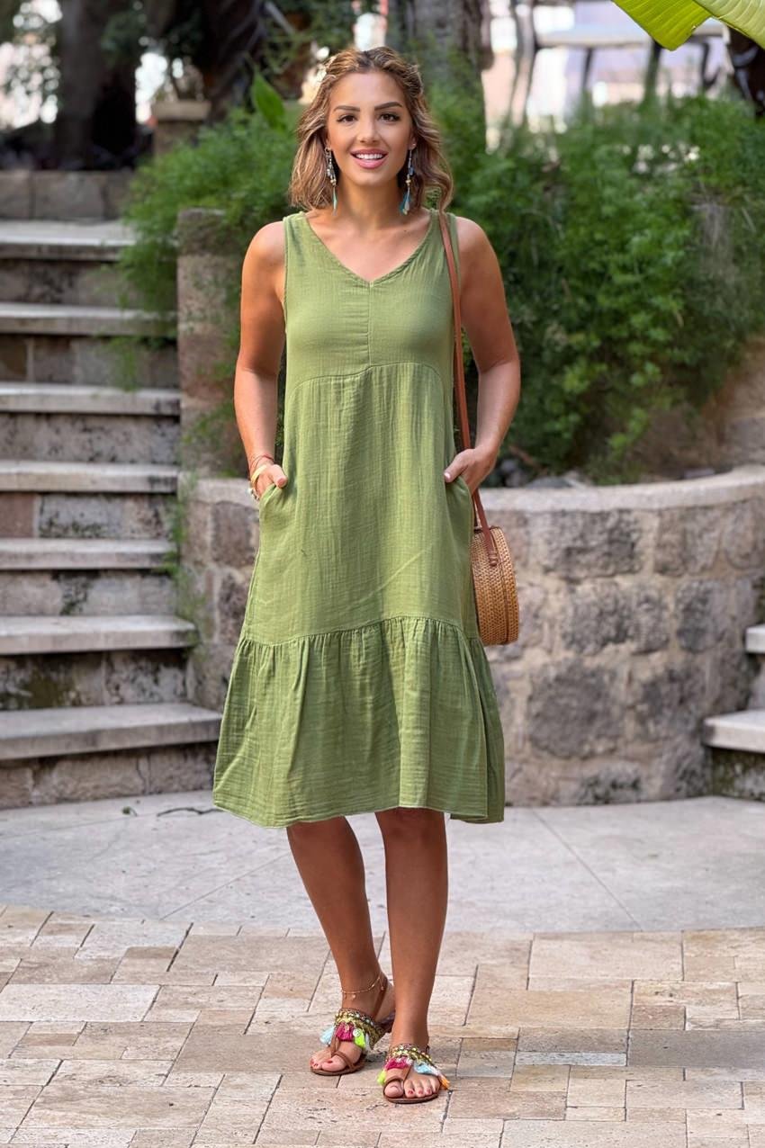 Yeşil Askılı Sırttan Bağlamalı Müslin Elbise