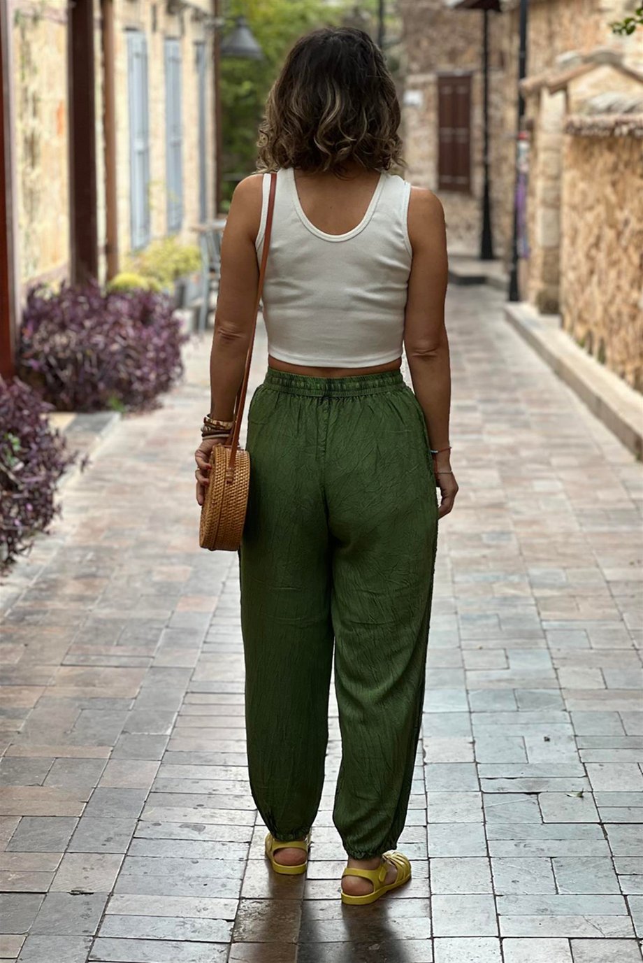 Yeşil Avare %100 Pamuk İşlemeli Şalvar Pantolon