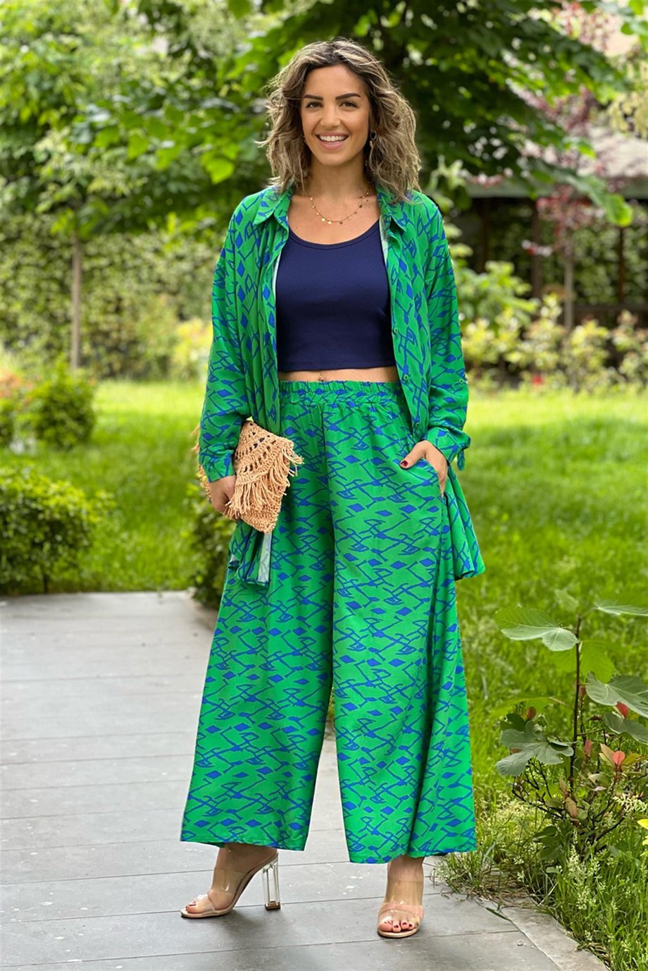 Yeşil Bahama Desenli Pantolon Gömlek İkili Takım
