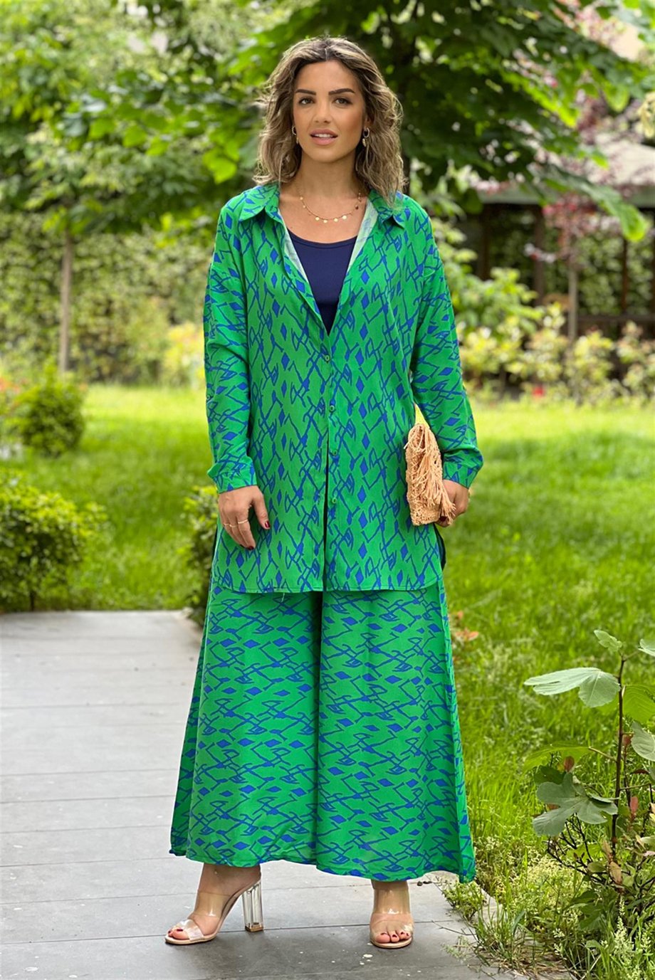 Yeşil Bahama Desenli Pantolon Gömlek İkili Takım