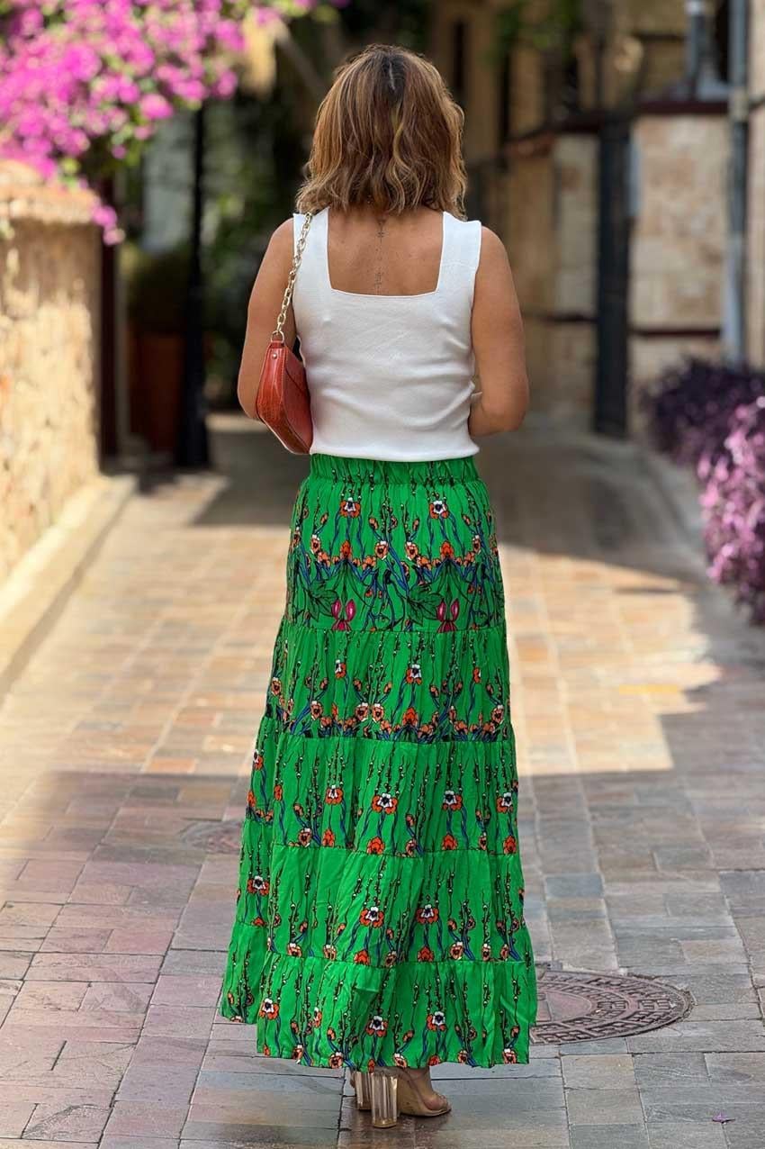 Yeşil Bahar Dalı Desenli %100 Pamuk Viskon Etek