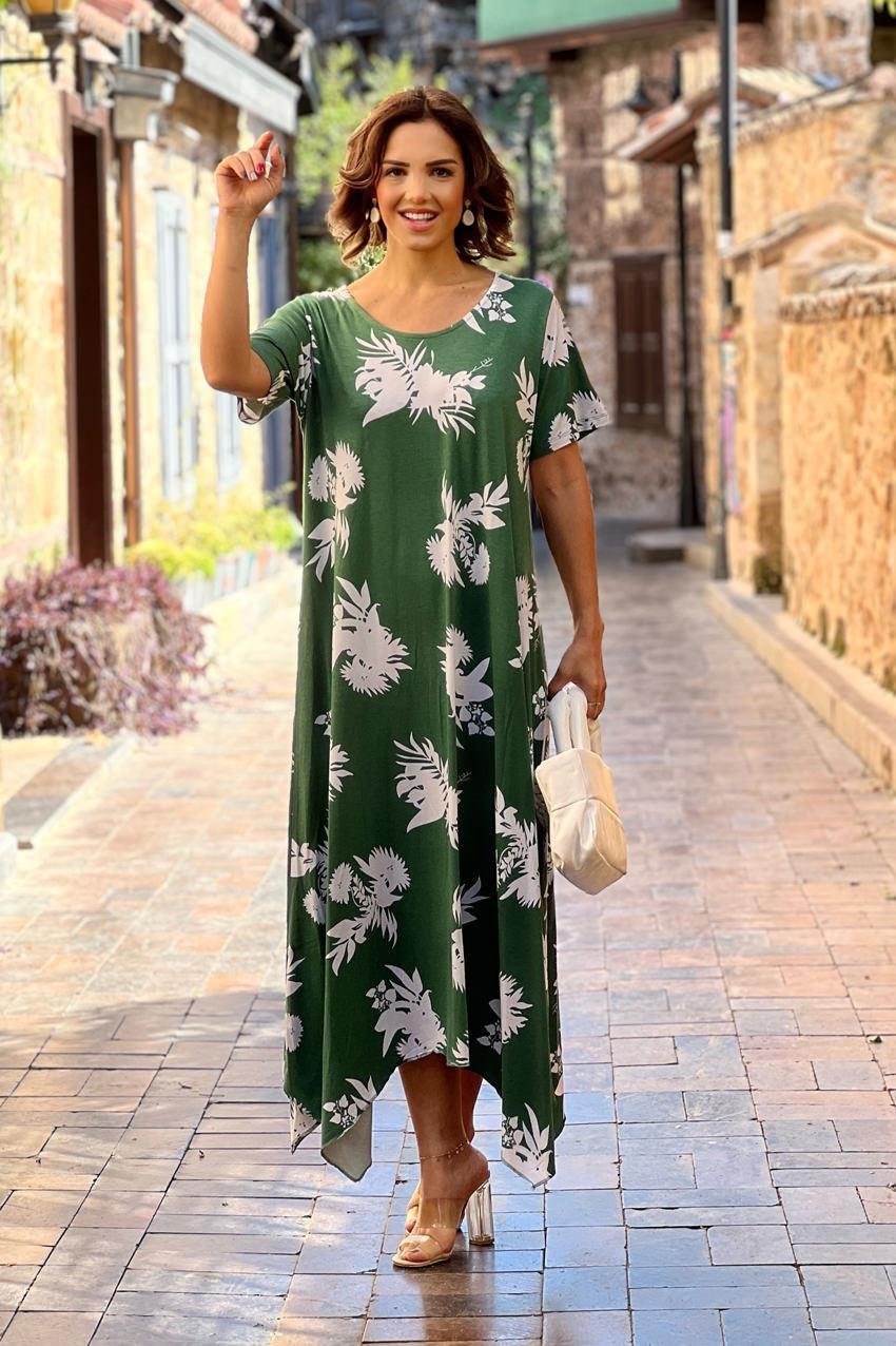 Yeşil Beyaz Yapraklı Verev Kesim Elbise
