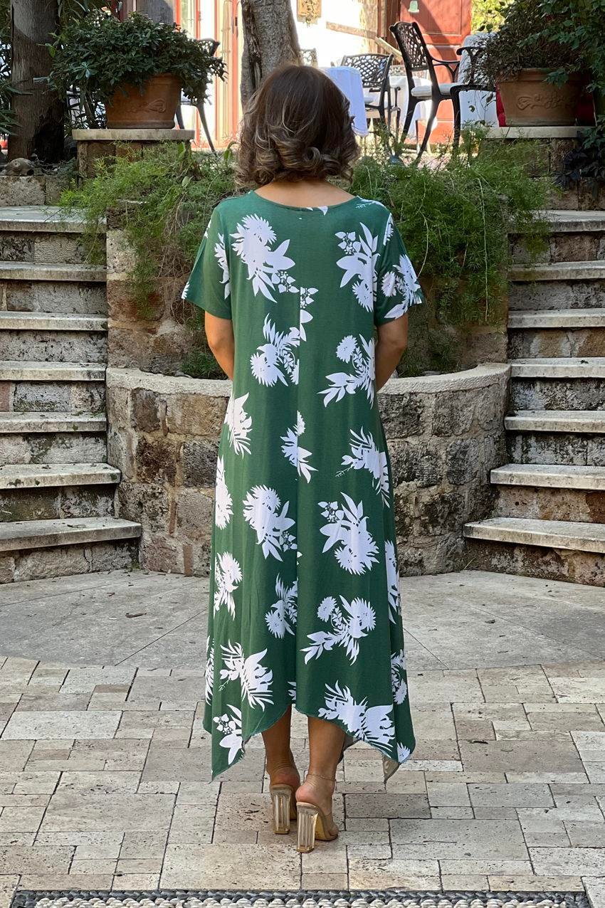 Yeşil Beyaz Yapraklı Verev Kesim Elbise