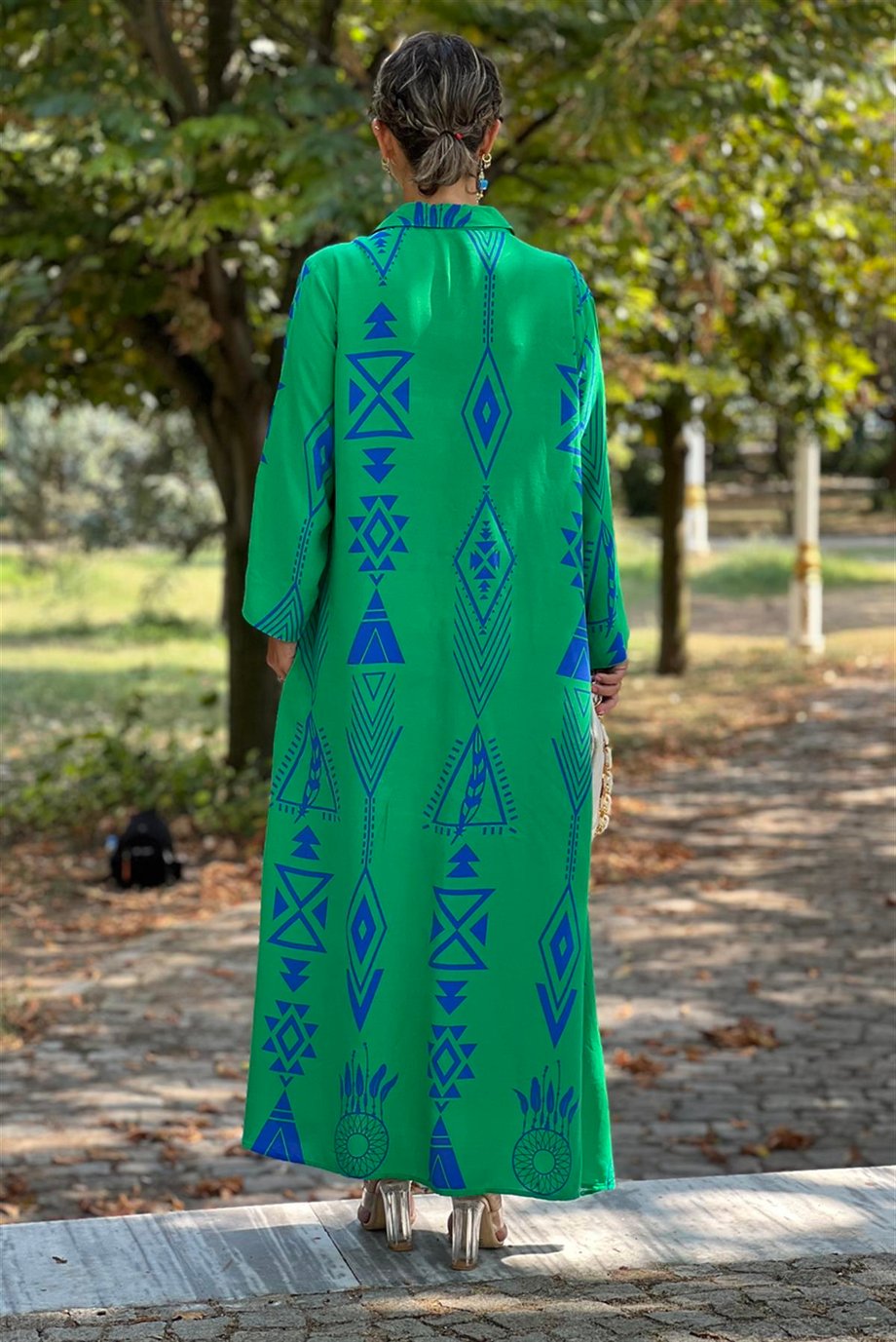 Yeşil Etnik Desenli Gömlek Elbise