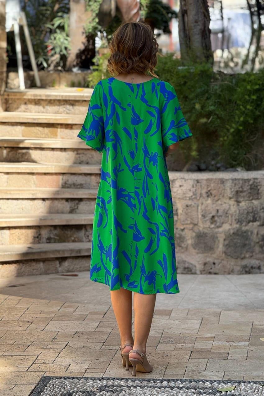 Yeşil Gardenya Kayık Yaka %100 Pamuk Viskon Elbise