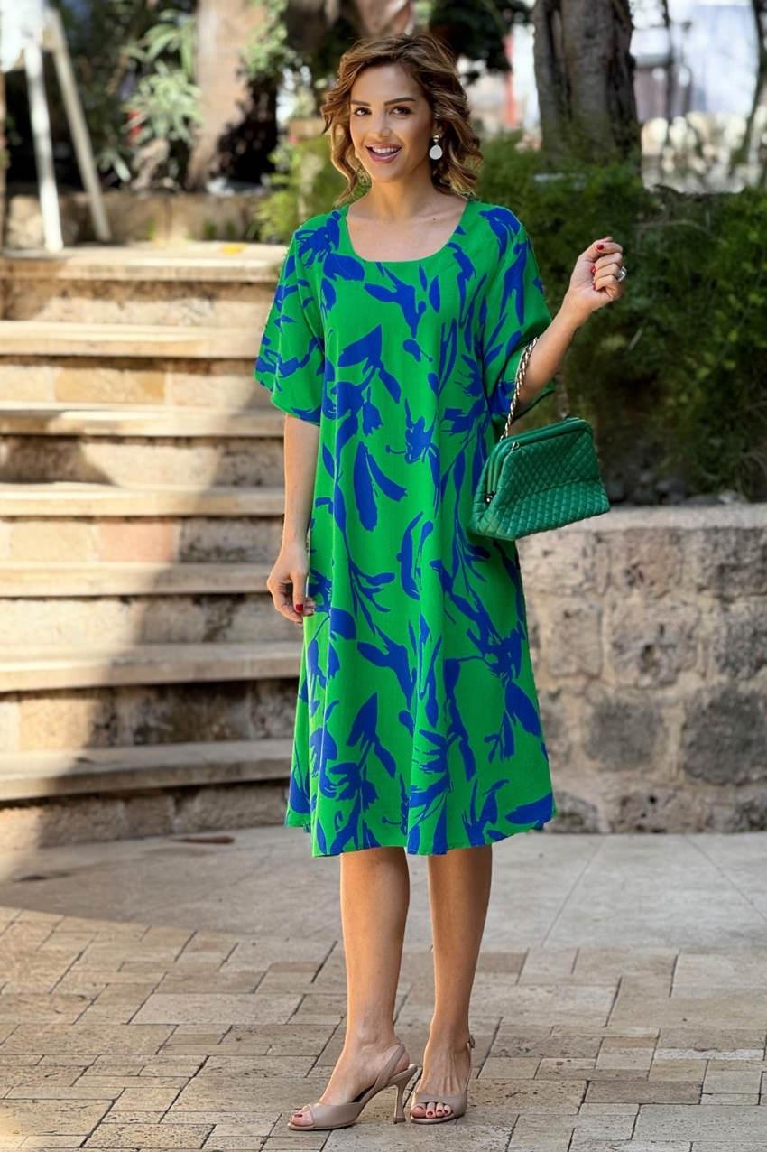 Yeşil Gardenya Kayık Yaka %100 Pamuk Viskon Elbise