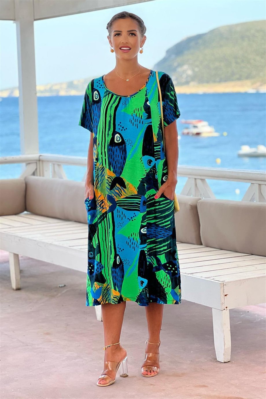 Yeşil Göcek Desenli Penye Viskon Elbise