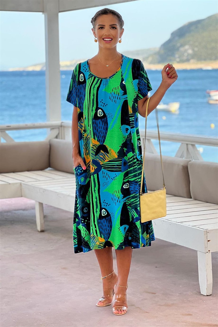 Yeşil Göcek Desenli Penye Viskon Elbise