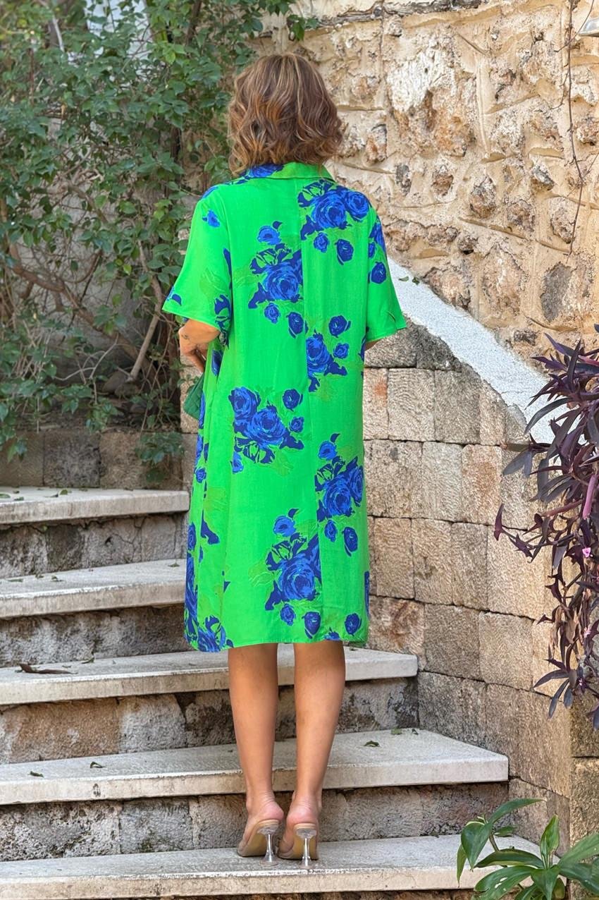 Yeşil Gül Desen Gömlek Yaka %100 Pamuk Viskon Elbise