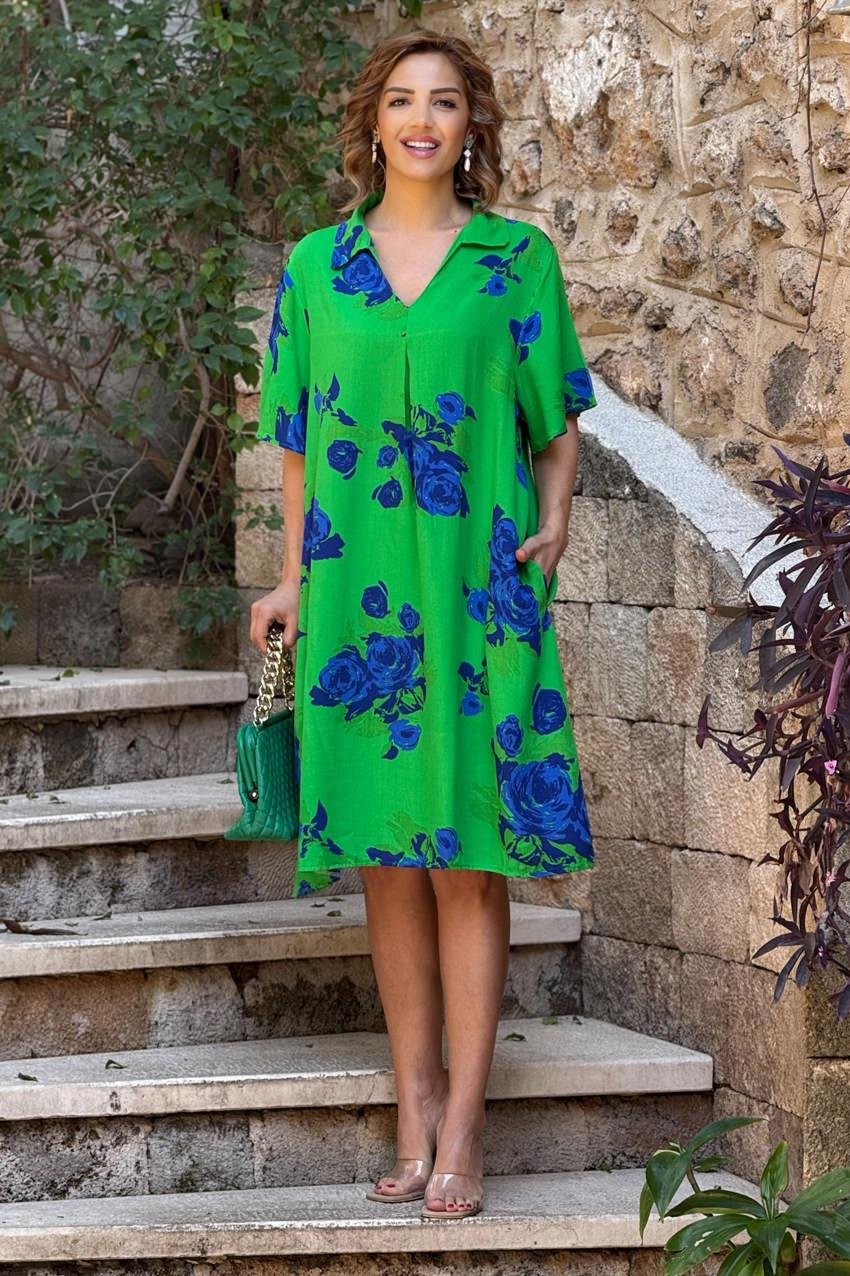 Yeşil Gül Desen Gömlek Yaka %100 Pamuk Viskon Elbise