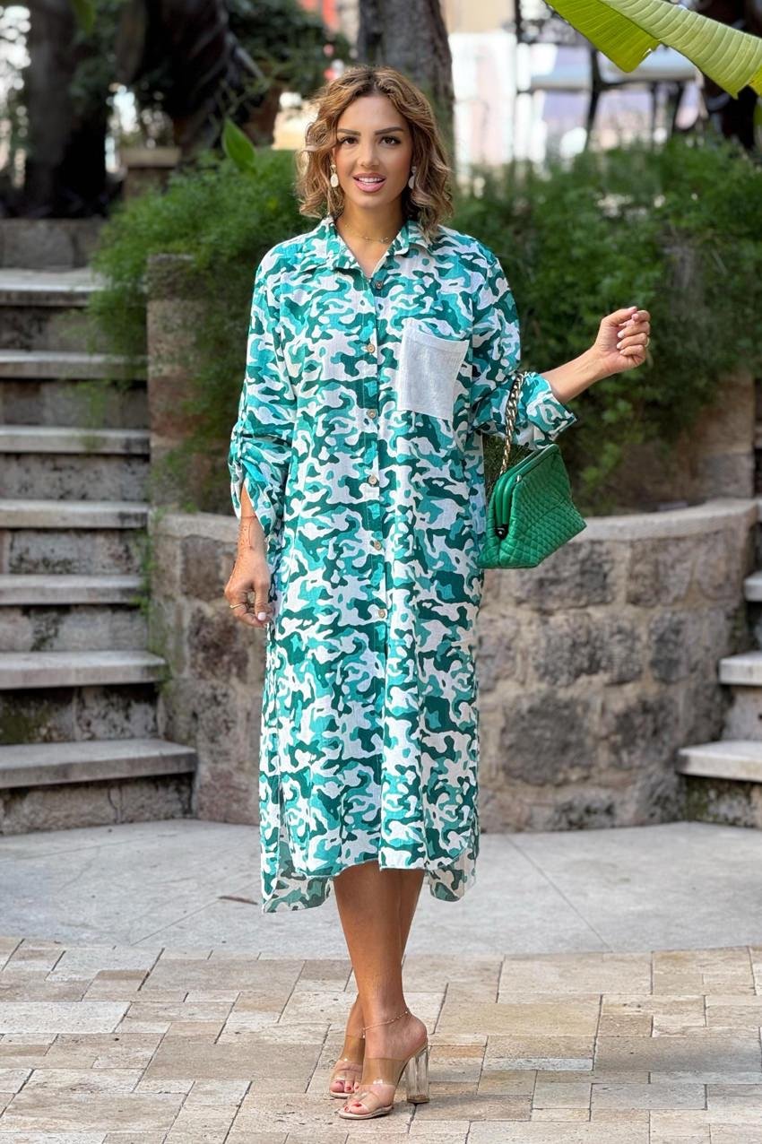 Yeşil Kamuflaj Gömlek Elbise %100 Pamuk