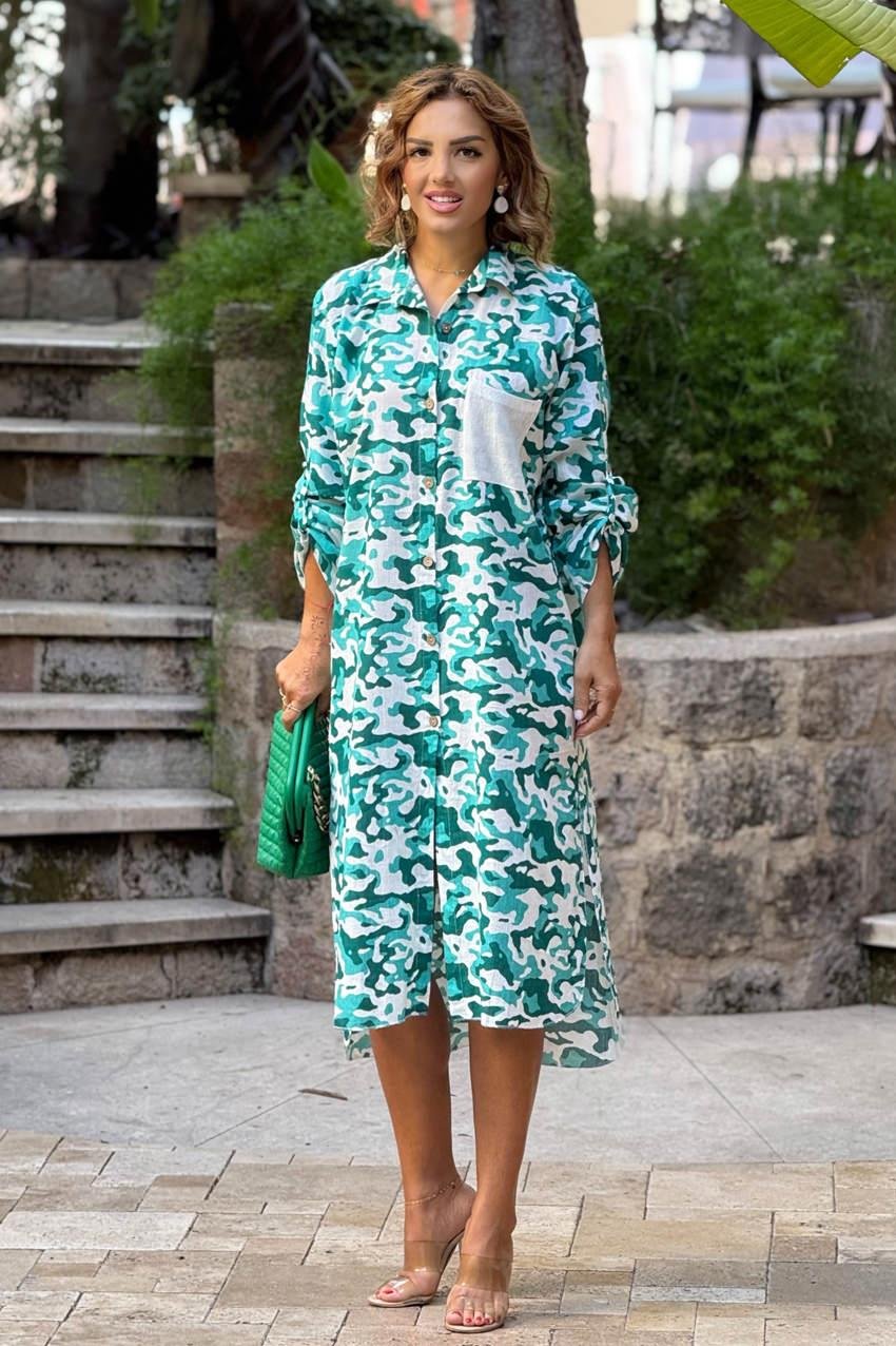 Yeşil Kamuflaj Gömlek Elbise %100 Pamuk