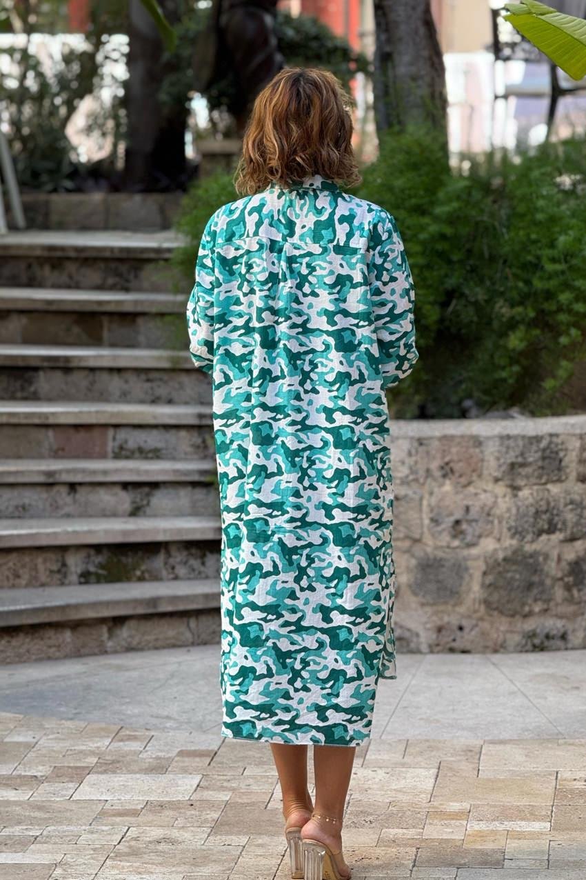 Yeşil Kamuflaj Gömlek Elbise %100 Pamuk