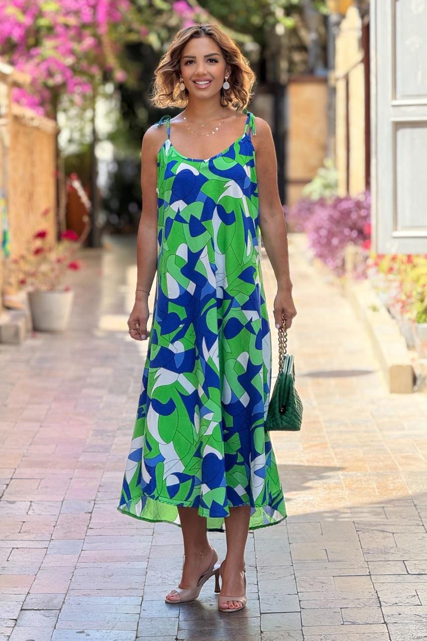 Yeşil Kleopatra Desenli Omuzları Bağlamalı Askılı Elbise