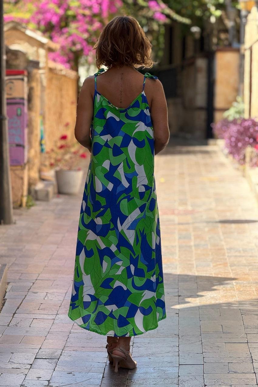 Yeşil Kleopatra Desenli Omuzları Bağlamalı Askılı Elbise