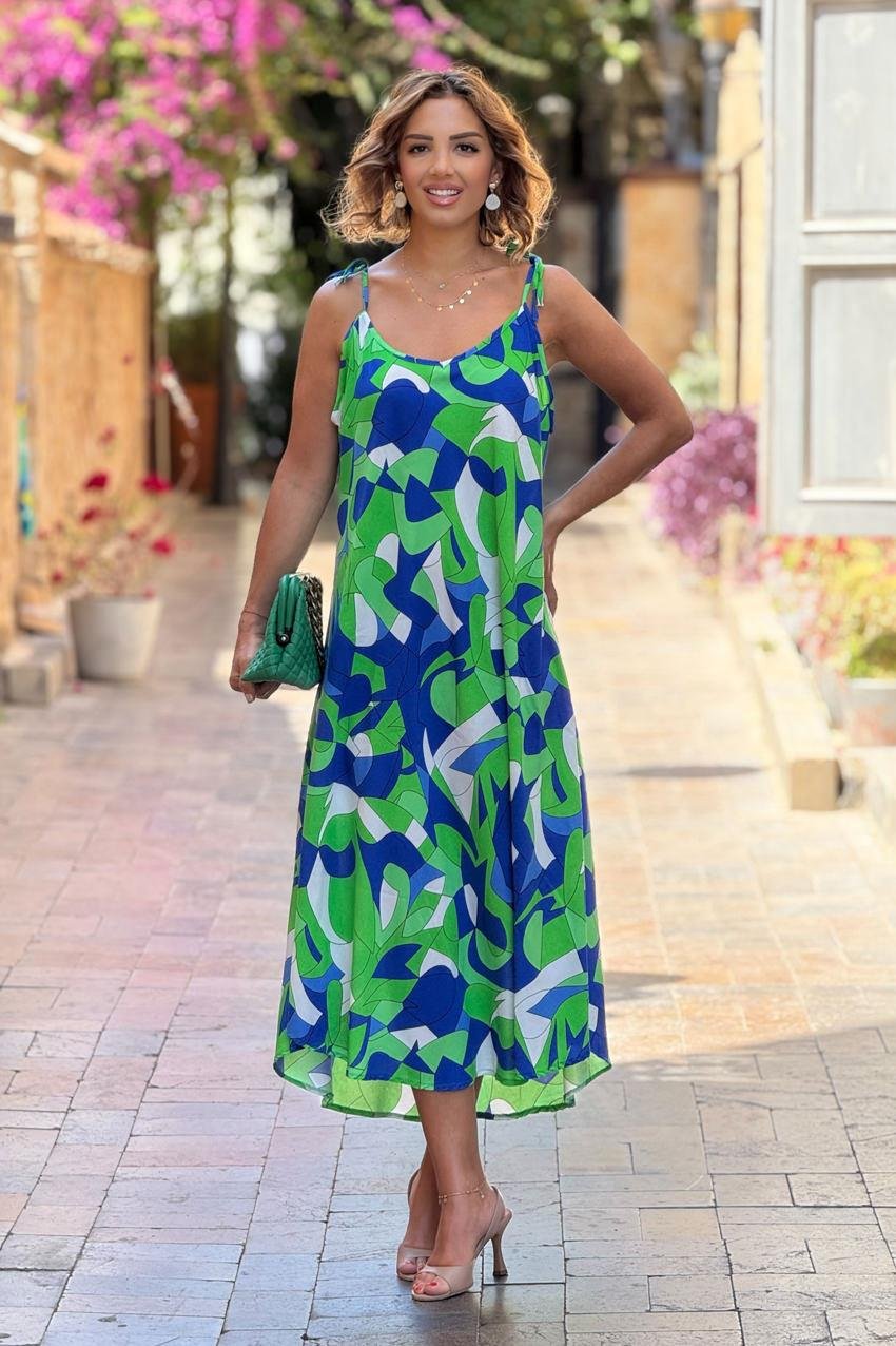 Yeşil Kleopatra Desenli Omuzları Bağlamalı Askılı Elbise