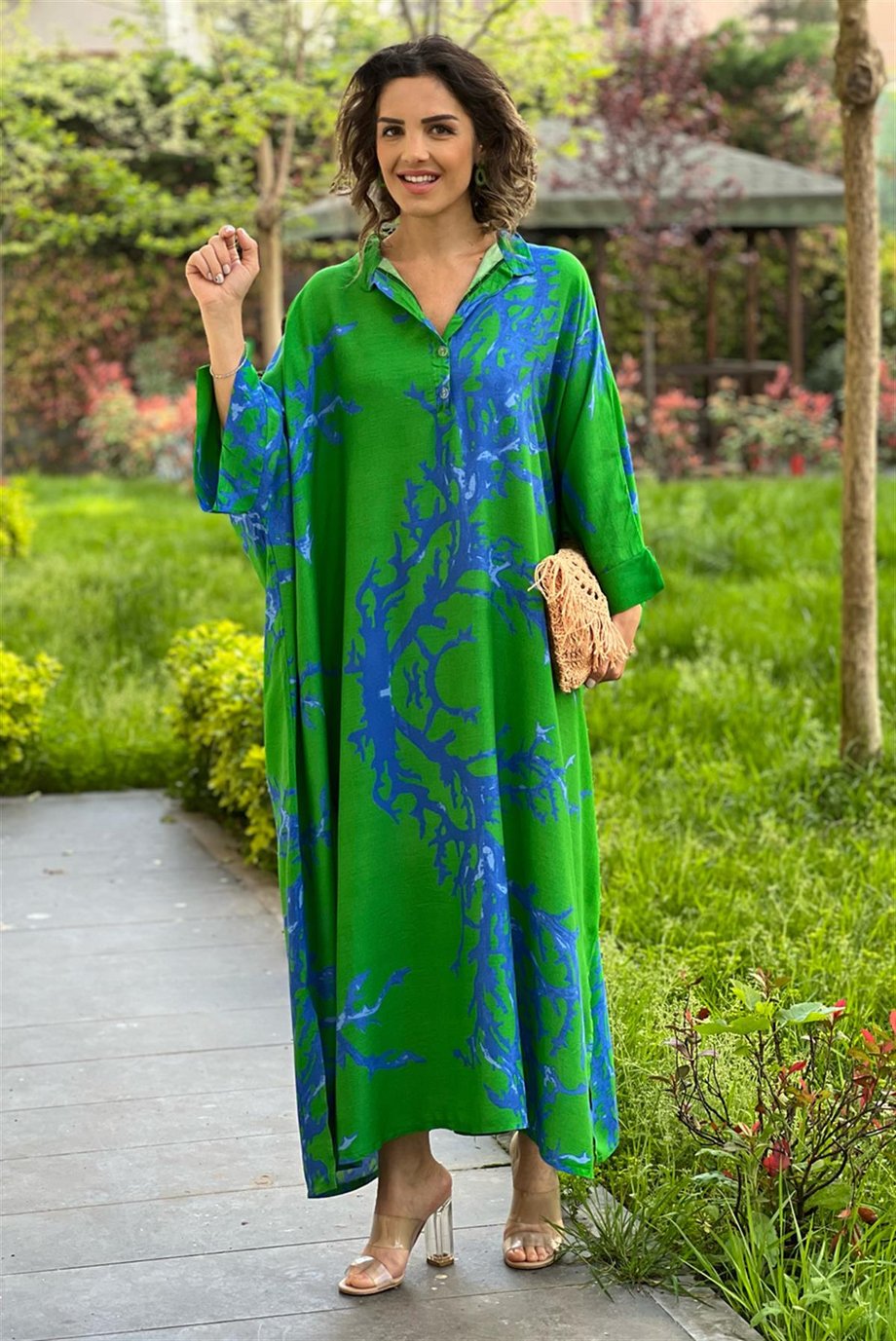 Yeşil Mercan Desenli Milano Oversize Elbise