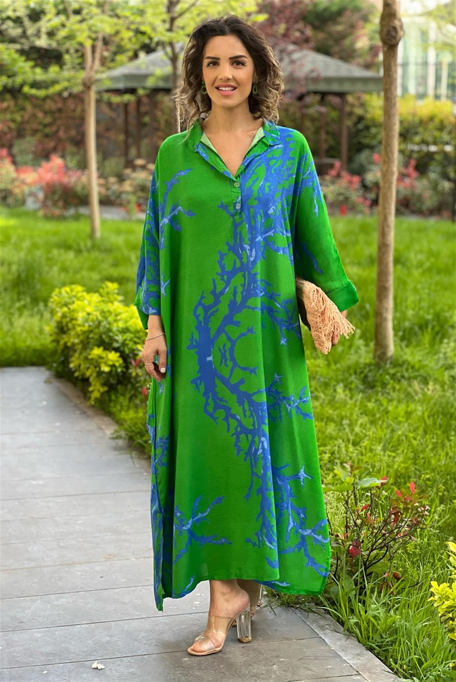 Yeşil Mercan Desenli Milano Oversize Elbise