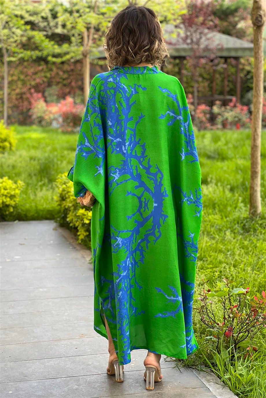 Yeşil Mercan Desenli Milano Oversize Elbise