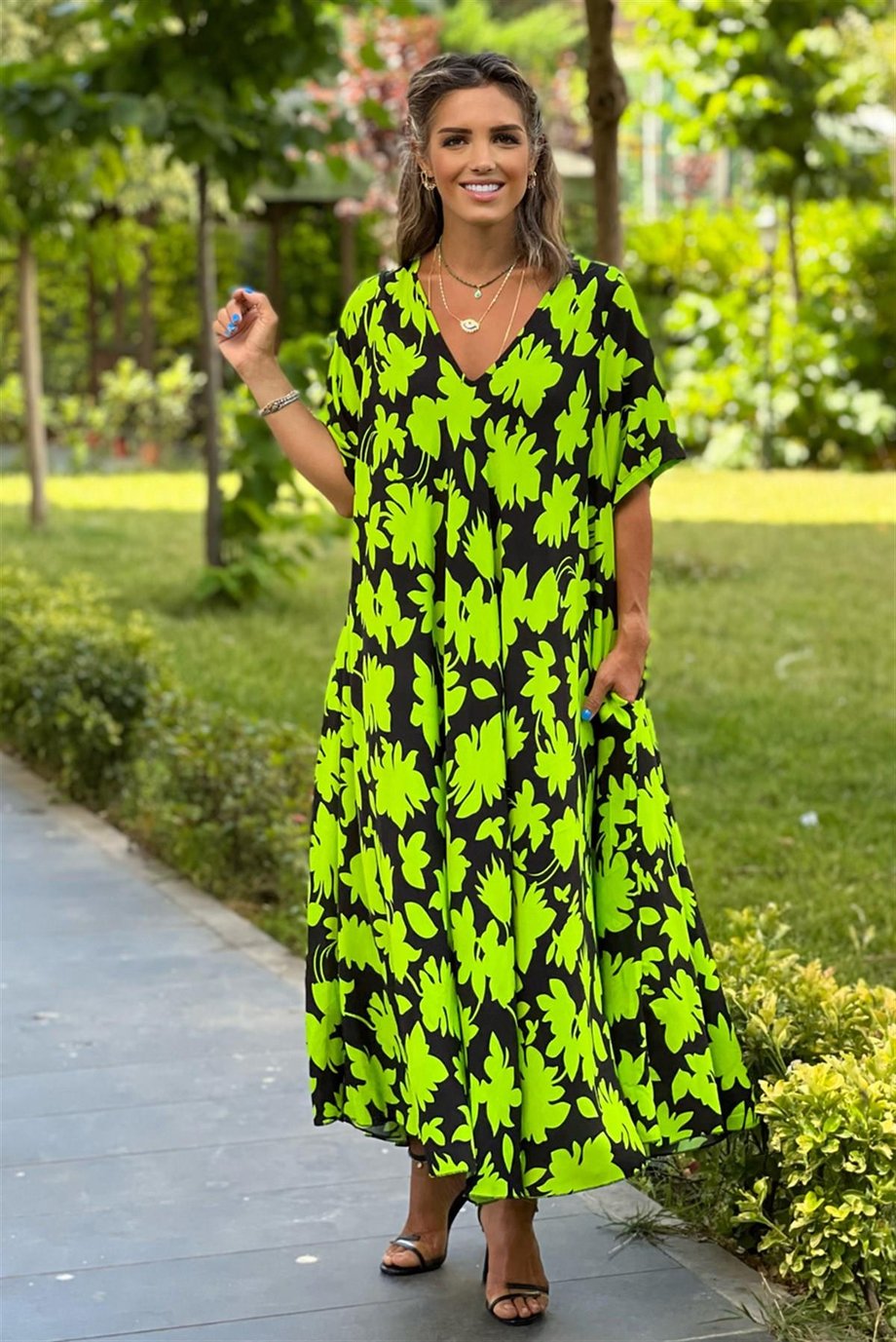 Yeşil Monet Desenli Elbise