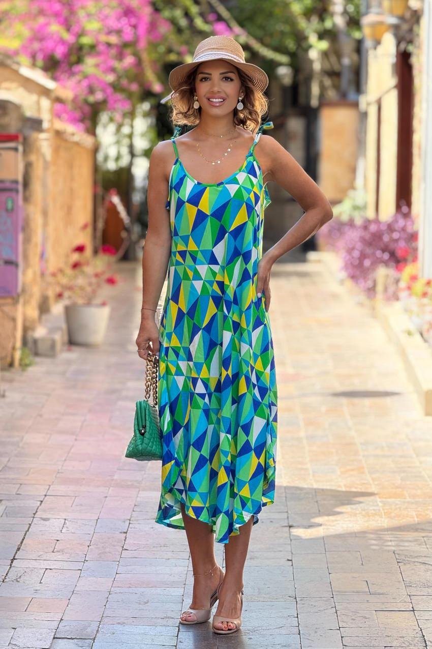 Yeşil Mozaik Desenli Omuzları Bağlamalı Askılı Elbise