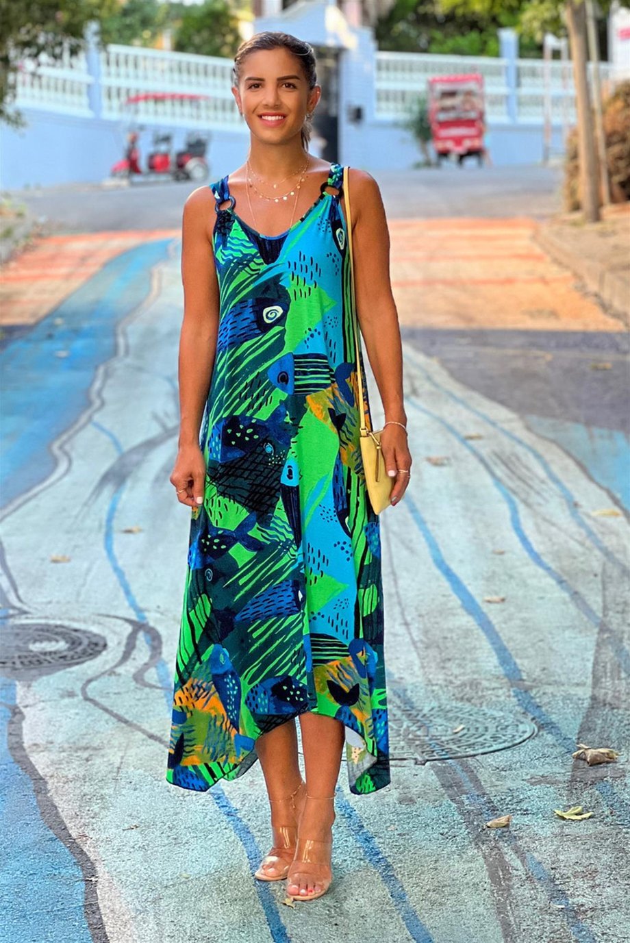 YEŞİL Picasso Desenli Tokalı Yazlık Elbise