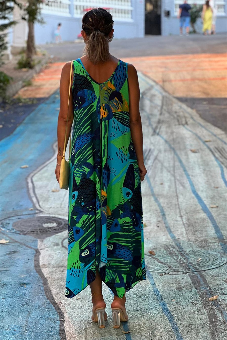YEŞİL Picasso Desenli Tokalı Yazlık Elbise