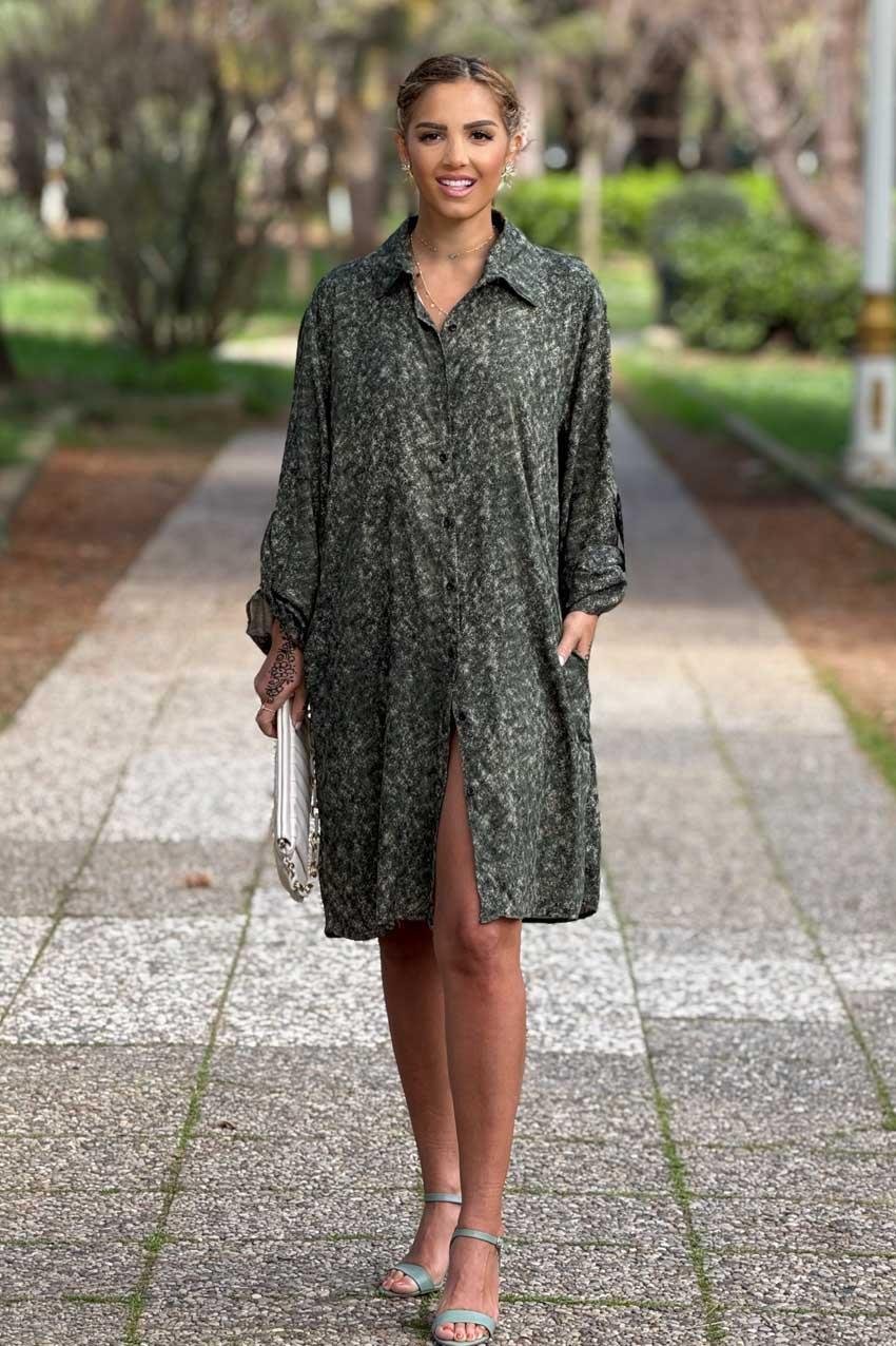 Yeşil Renk %100 Pamuk Midi Boy Gömlek Elbise