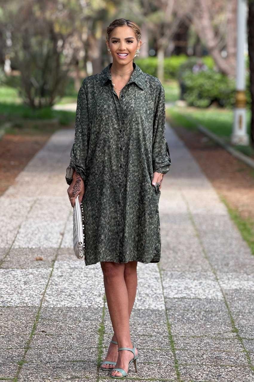 Yeşil Renk %100 Pamuk Midi Boy Gömlek Elbise