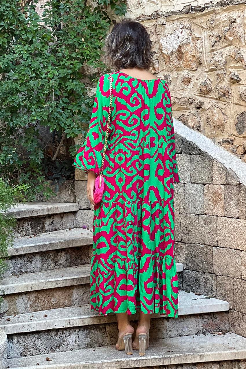 Yeşil Renk Aspen Desenli Madonna Yaka Elbise