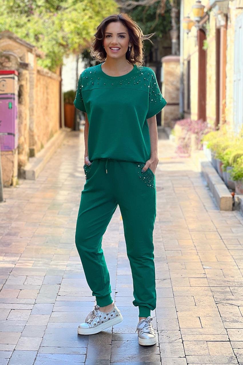 Yeşil Renk Gümüş Taşlı Kısa Kollu Eşofman Takım