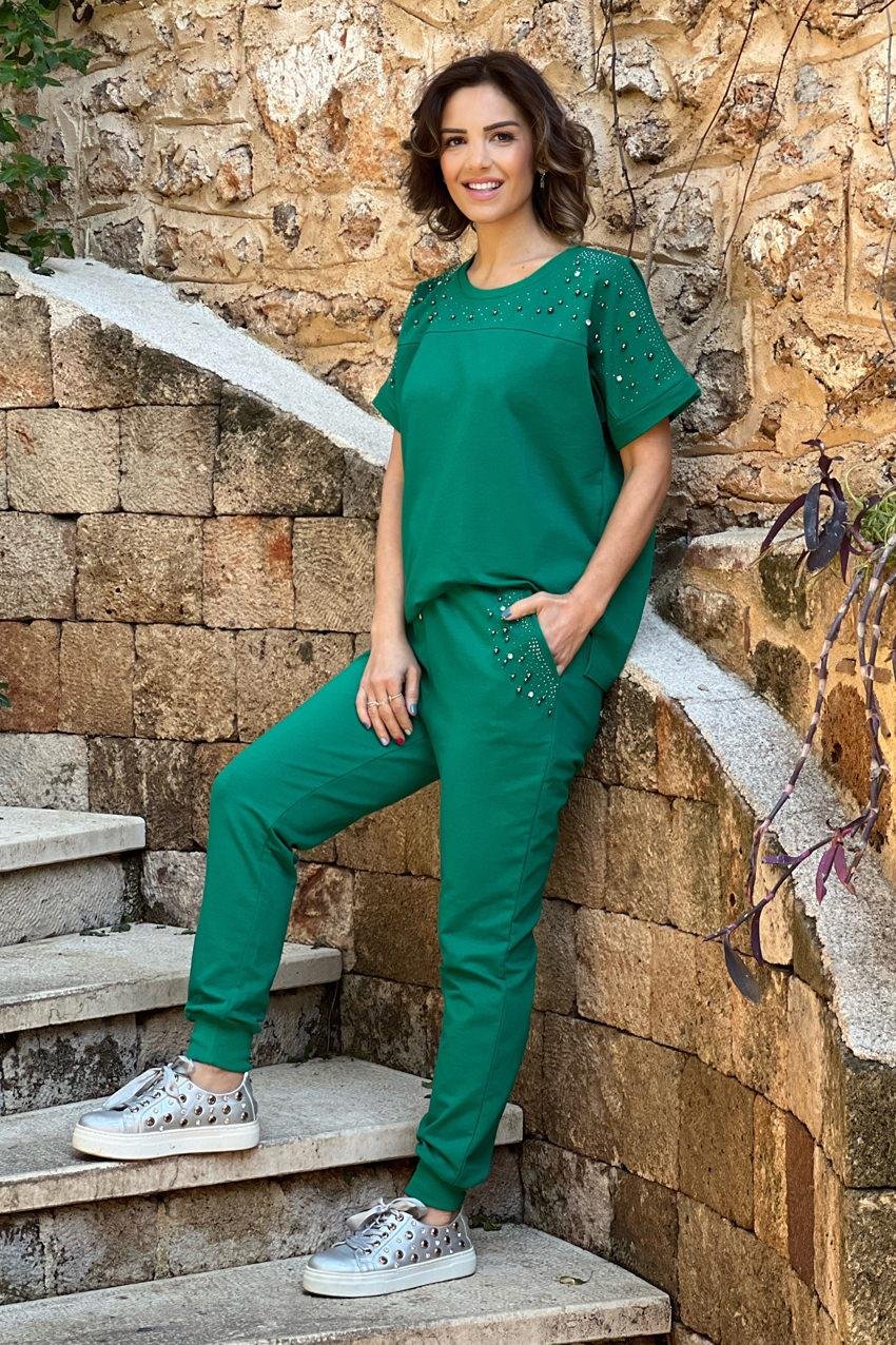 Yeşil Renk Gümüş Taşlı Kısa Kollu Eşofman Takım