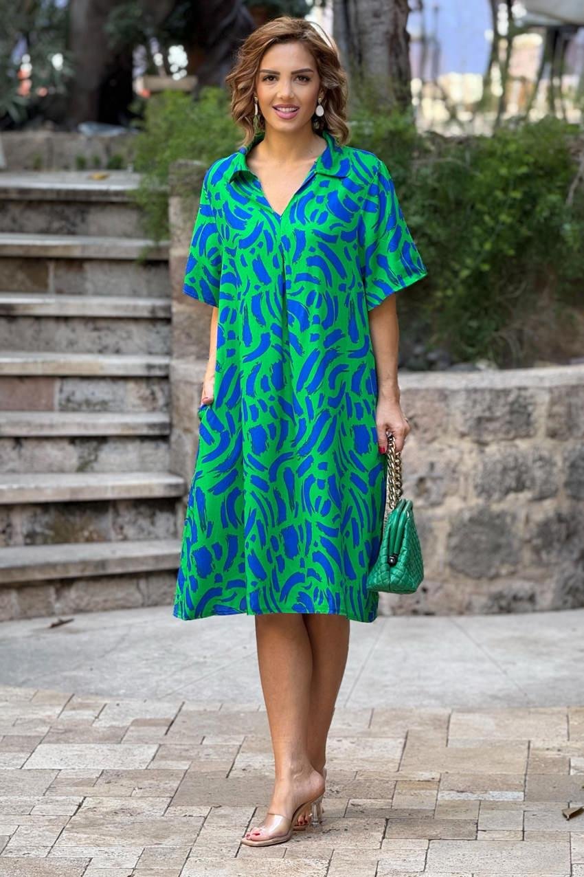 Yeşil Renk Lal Desen Gömlek Yaka %100 Pamuk Viskon Elbise