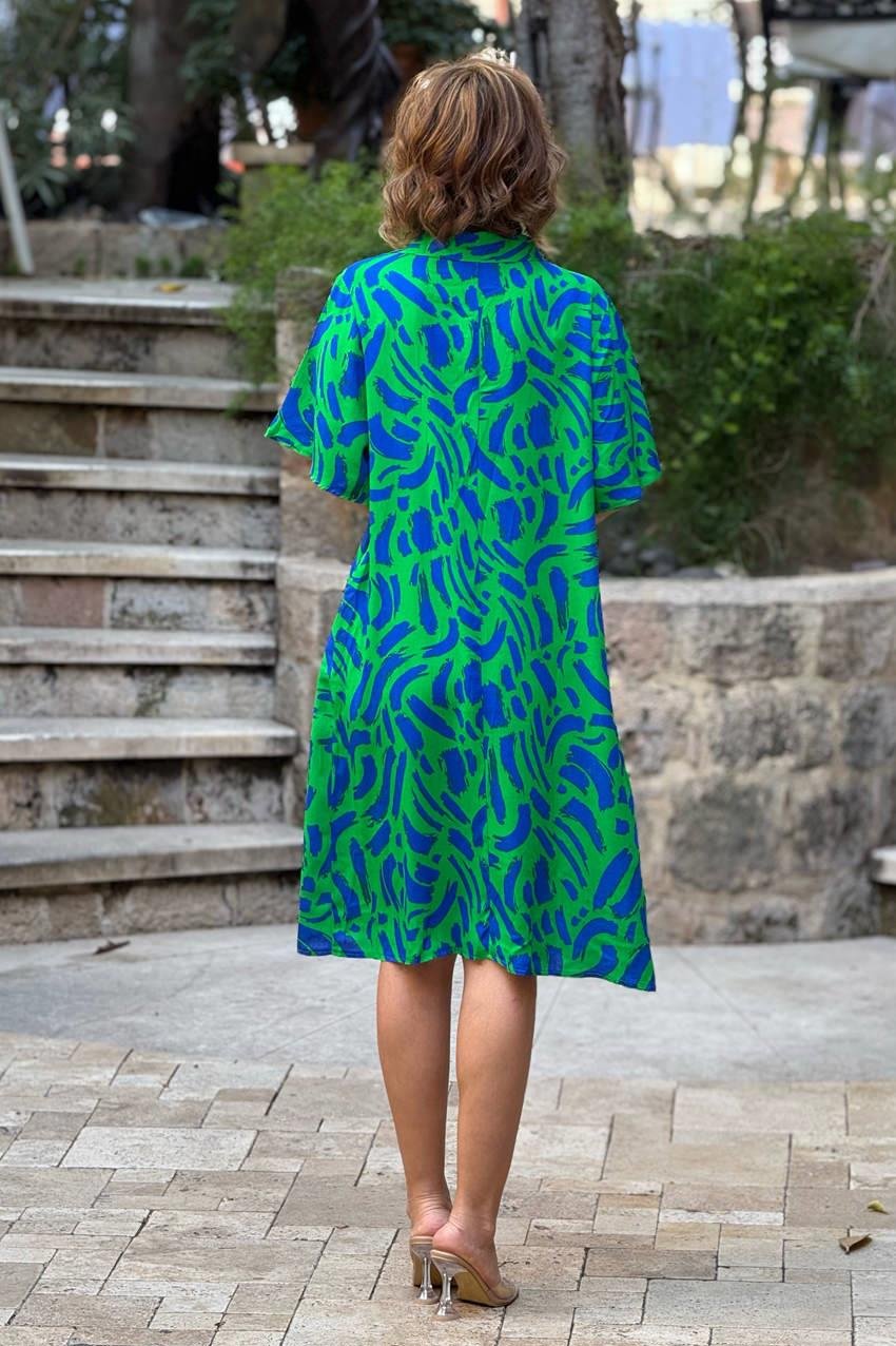 Yeşil Renk Lal Desen Gömlek Yaka %100 Pamuk Viskon Elbise