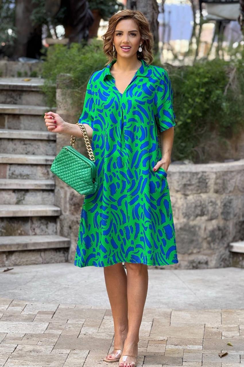 Yeşil Renk Lal Desen Gömlek Yaka %100 Pamuk Viskon Elbise