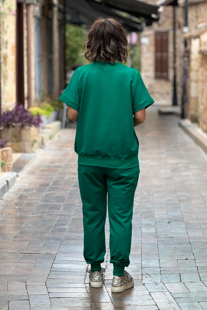 Yeşil Renk Omuz Dekolteli %100 Pamuk Eşofman Takım