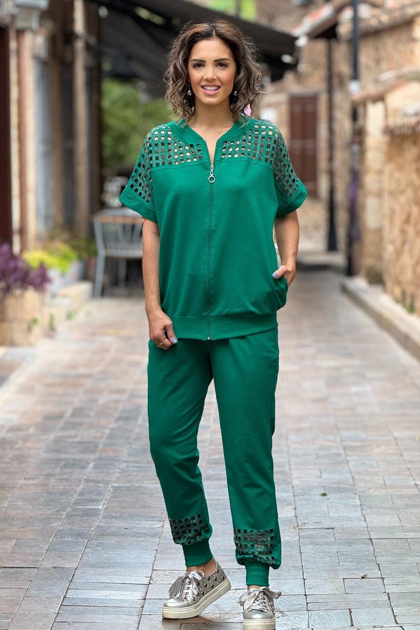 Yeşil Renk Omuz Dekolteli %100 Pamuk Eşofman Takım