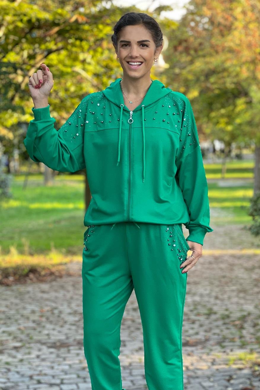 YEŞİL Renk Omuz ve Cebi Taş Detaylı Eşofman Takım