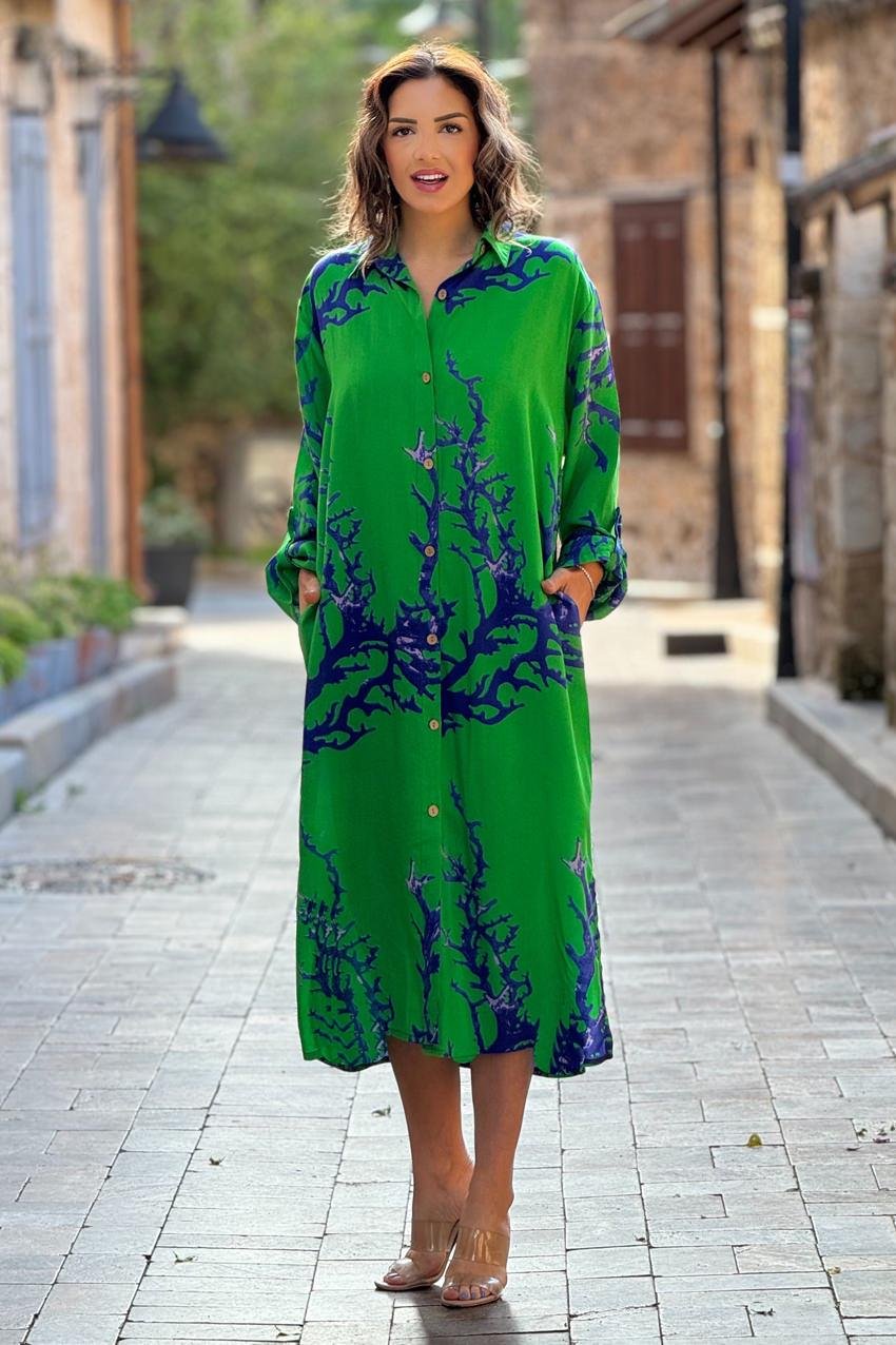 Yeşil Renk Resif Desenli Viskon Gömlek Elbise
