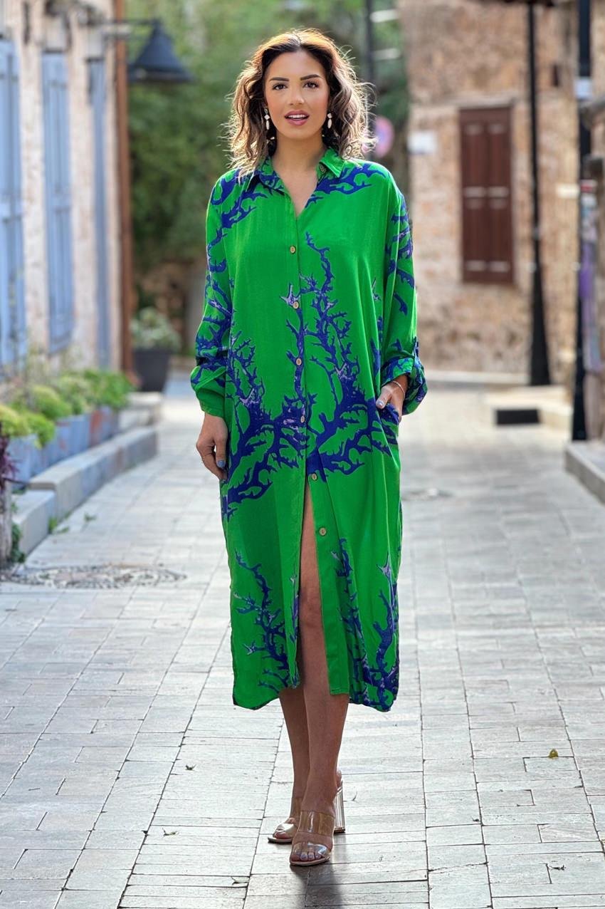 Yeşil Renk Resif Desenli Viskon Gömlek Elbise