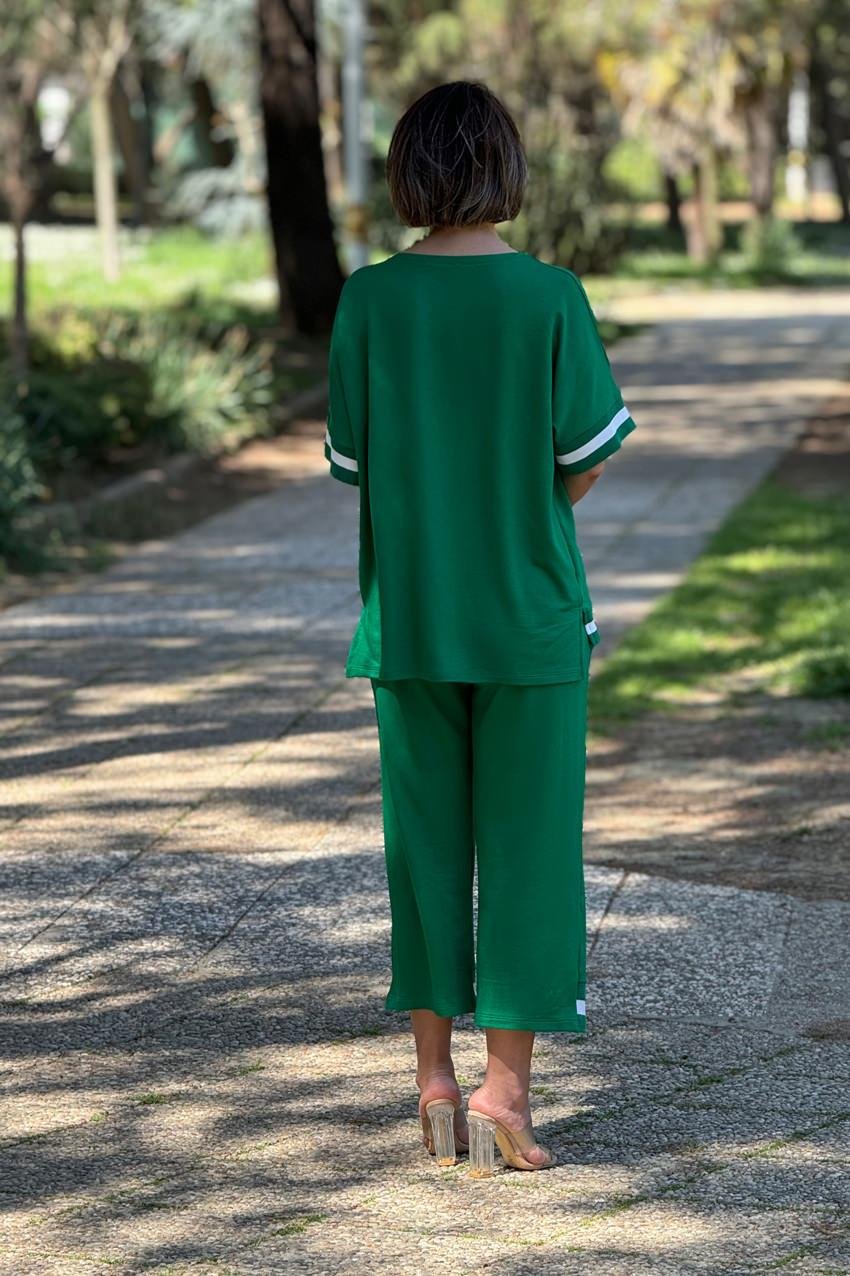Yeşil Renk Ribanalı Pamuklu Pantolon Bluz İkili Takım