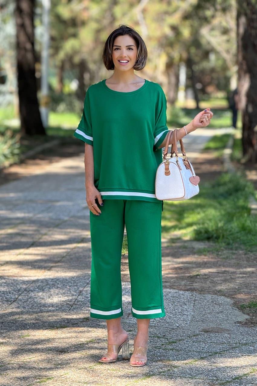 Yeşil Renk Ribanalı Pamuklu Pantolon Bluz İkili Takım