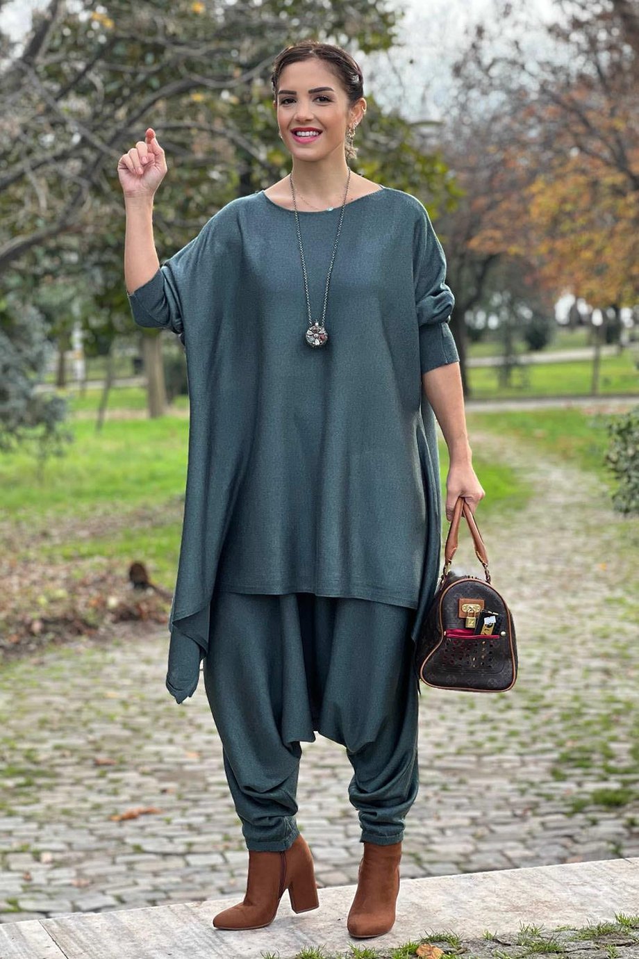 Yeşil Renk Ürgüp Triko Şalvar Bluz Takım