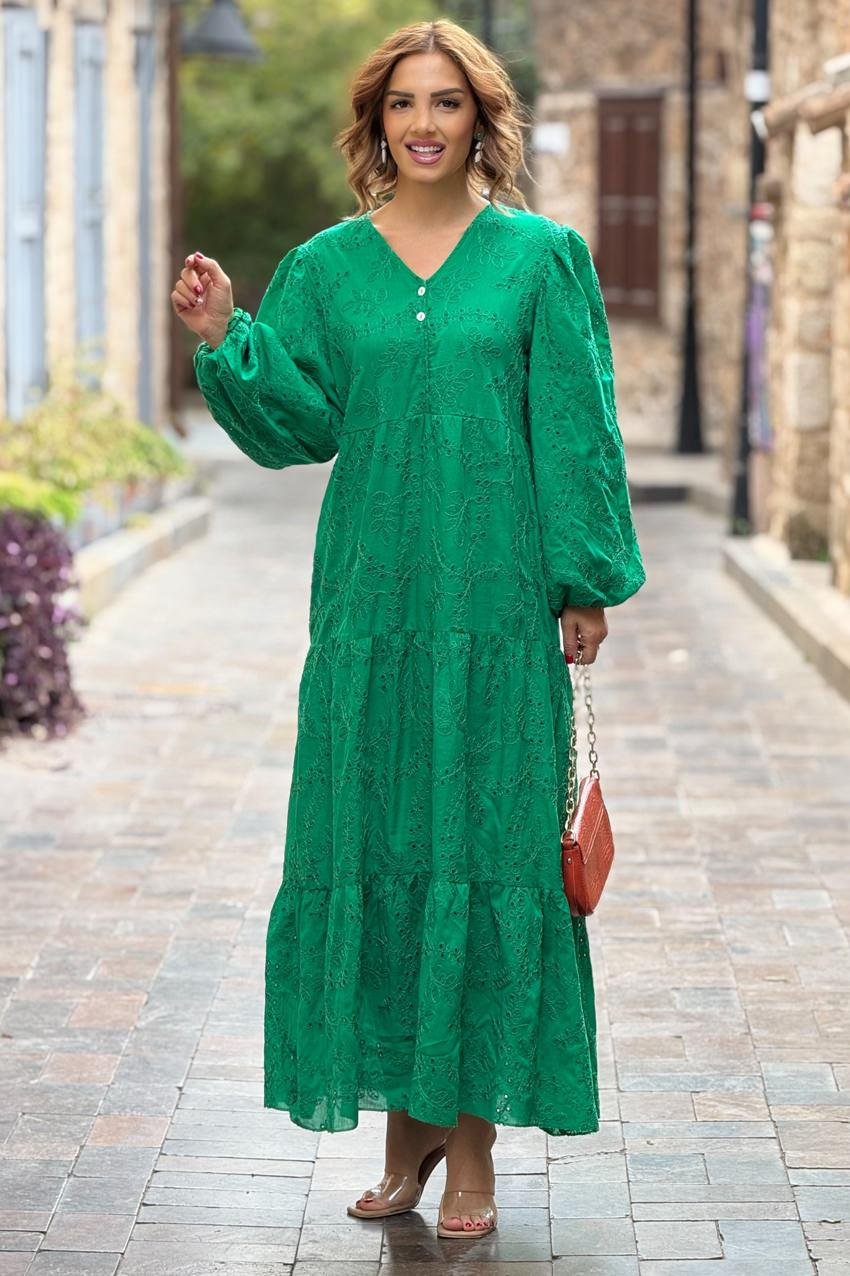 Yeşil V Yaka Fistolu Astarlı Elbise