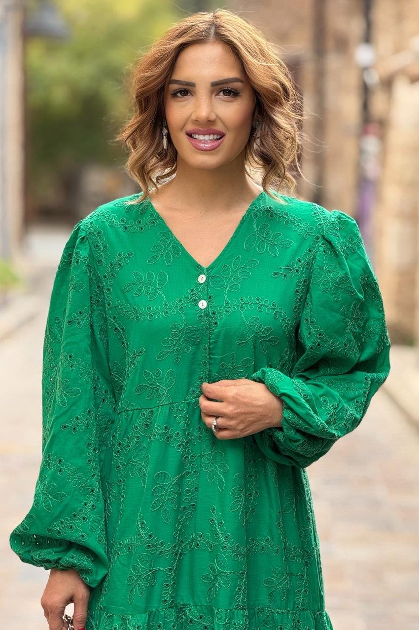 Yeşil V Yaka Fistolu Astarlı Elbise