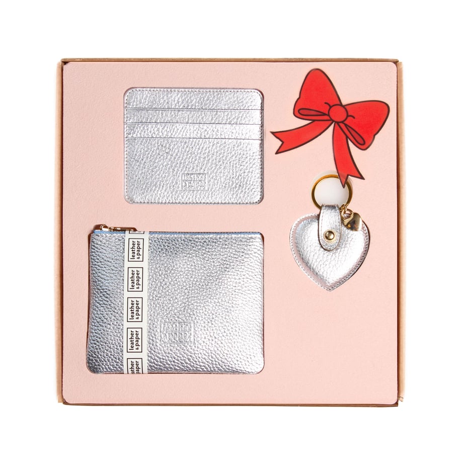 Lame Deri Mini Çanta, Kartlık, Kalp Anahtarlık Hediye Seti