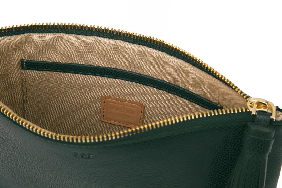 Püskül Detaylı Deri Clutch El Çantası Koyu Yeşil