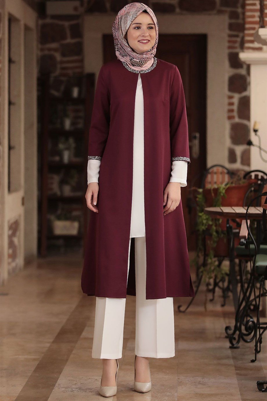Safir Üçlü Ceket Bluz Pantolon Tesettür Takım Mürdüm