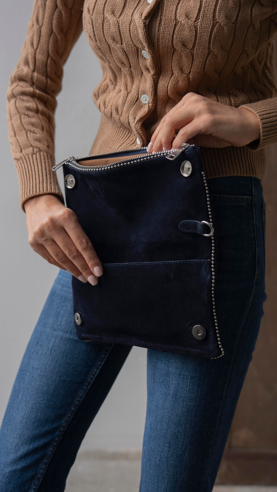 490 Lacivert Hakiki Süet Kadın Çanta