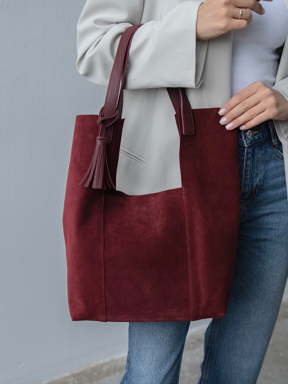 6414 Bordo Süet Hakiki Süet Kadın Çanta